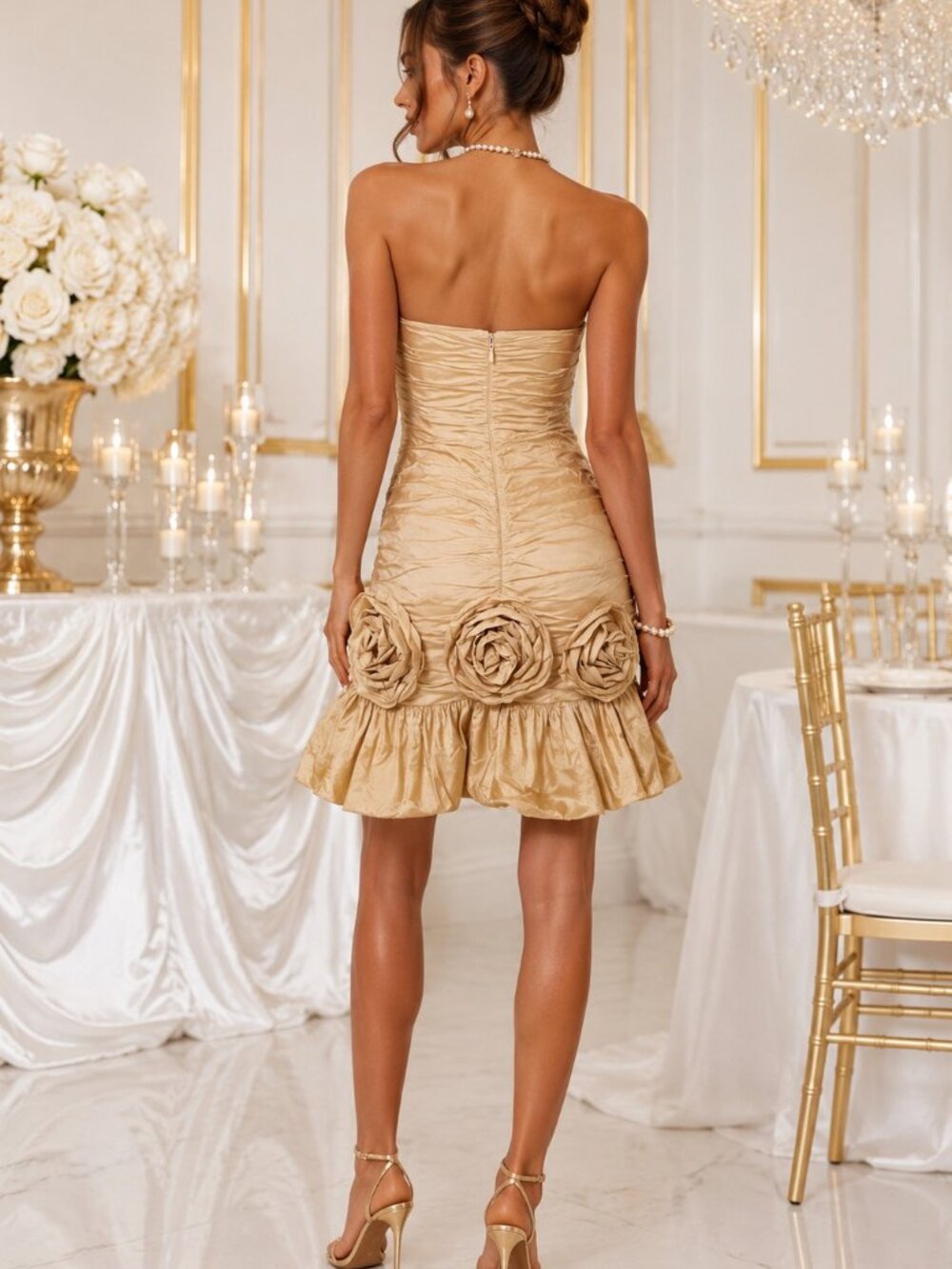 BCBG Max Azria Champagne Gold Rosette Strapless Cocktail Dress Sz 2 - Picture 2 of 6